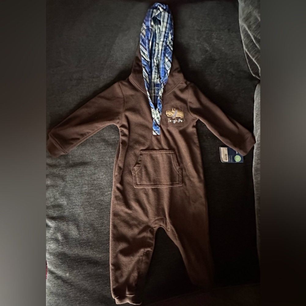 Brown Hooded Baby Onesie with Plaid Lining